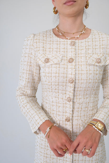 Kleid aus Tweed mit goldenen Knöpfen Langarm